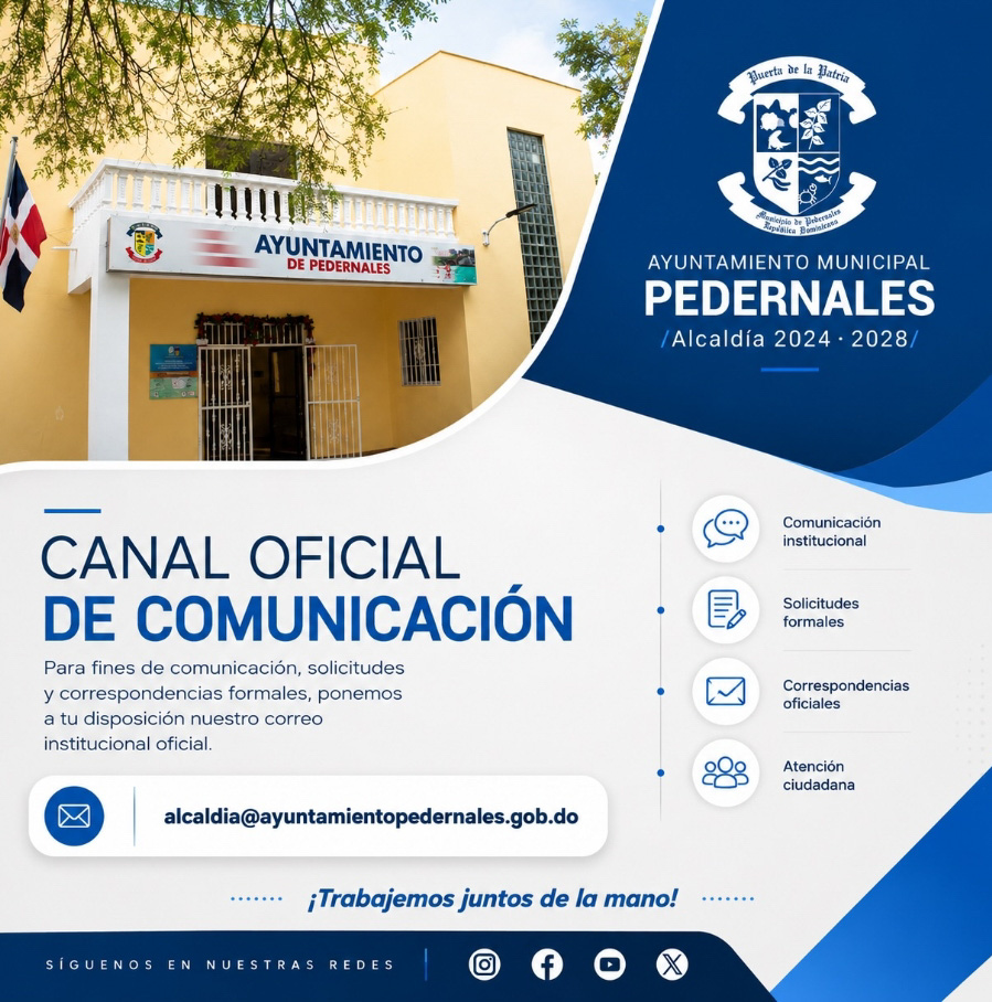 El Ayuntamiento Municipal de Pedernales pone a disposición de toda la ciudadanía, instituciones y medios de comunicación nuestro correo electrónico oficial para solicitudes, correspondencias y comunicaciones formales.